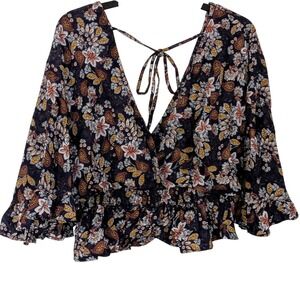 Angie Womens Floral Paisley V-Neck Wide Sleeve Cropped Top Boho Large NEW